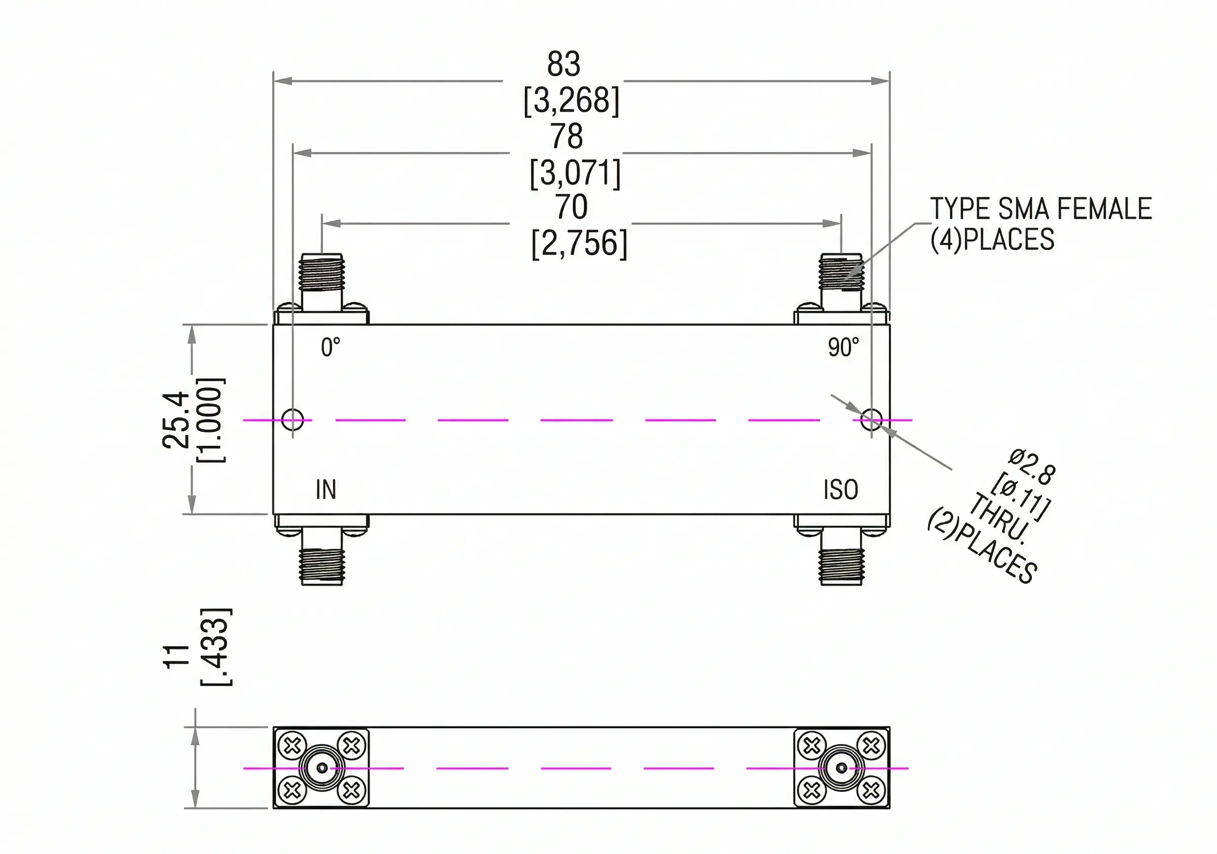 90-degree hybrid coupler mechanical outline drawing
