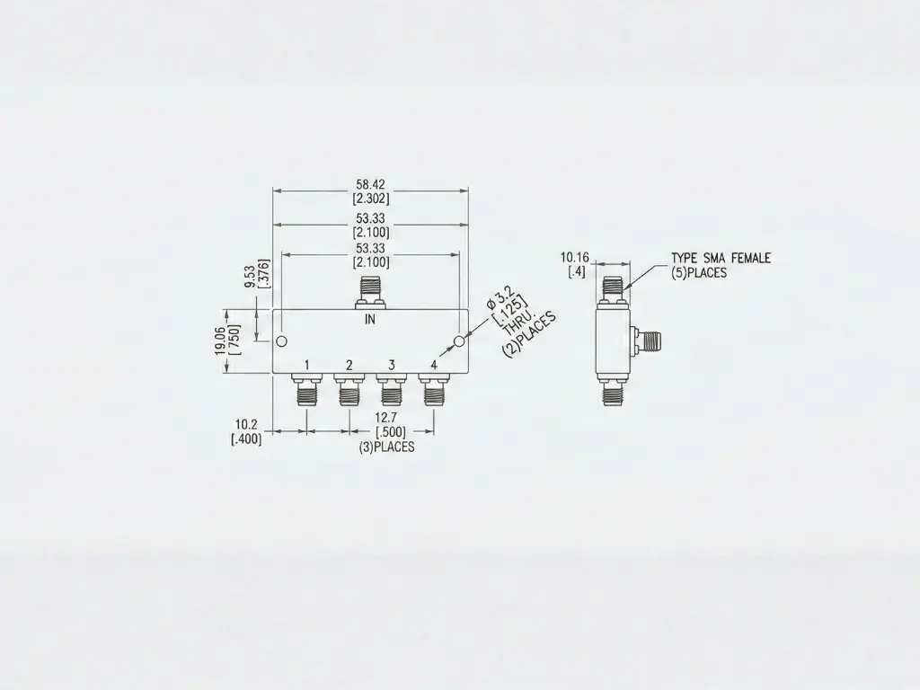 4-way resistive power divider splitter outline drawing with dimensions