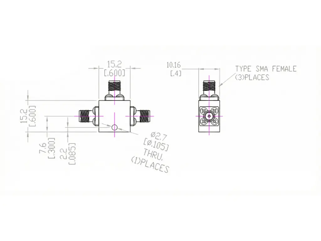 2-way resistive power divider splitter outline drawing with dimensions