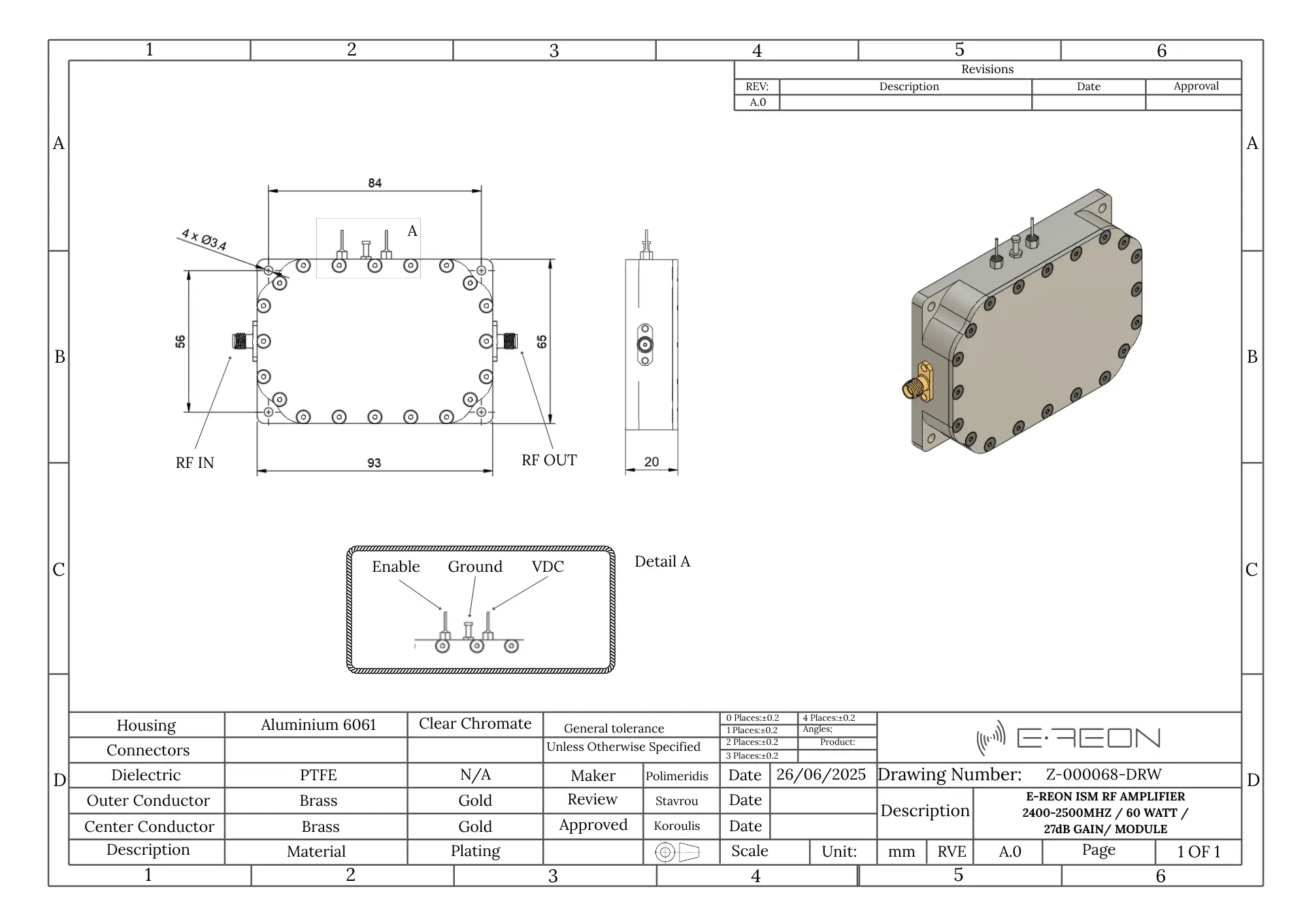 Mechanical outline drawing for the ERA-2400-2500-60W-32P-MOD-A RF amplifier module