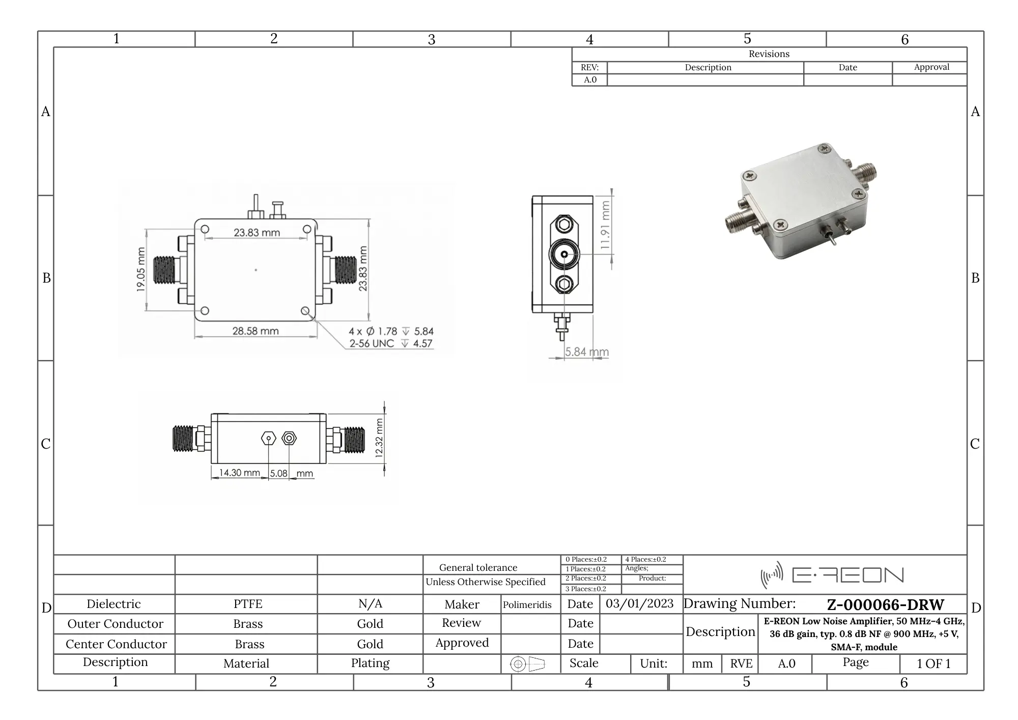 Mechanical drawing of the E-REON ERL-0050-4000-36DB-5P-MOD-A wideband low noise amplifier