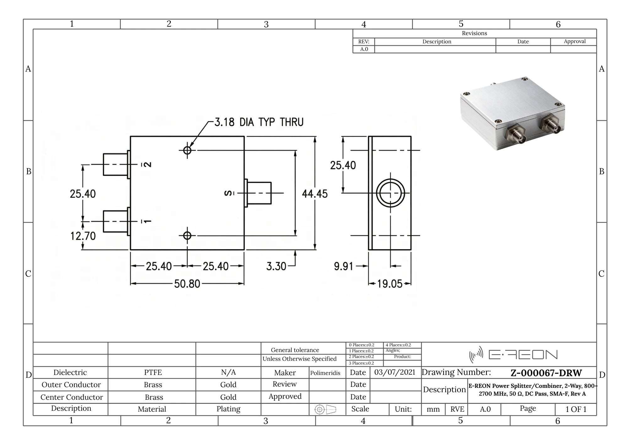 Mechanical drawing for the ERPD-0800-2700-2W-SMAF-MOD-A RF power splitter and combiner